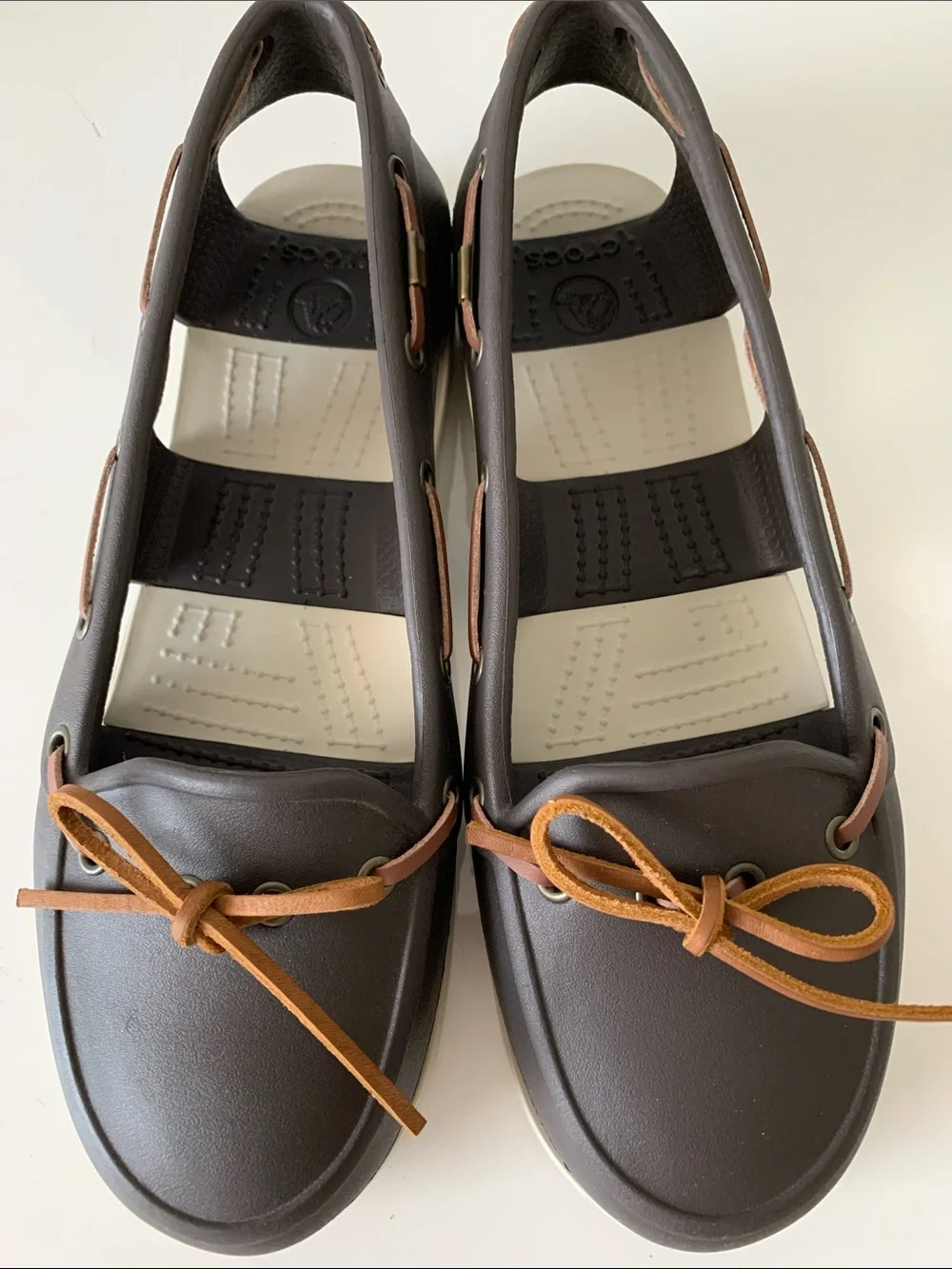 Crocs Women’s Brown Boat Slip On Sandal with Tan Laces Size 9